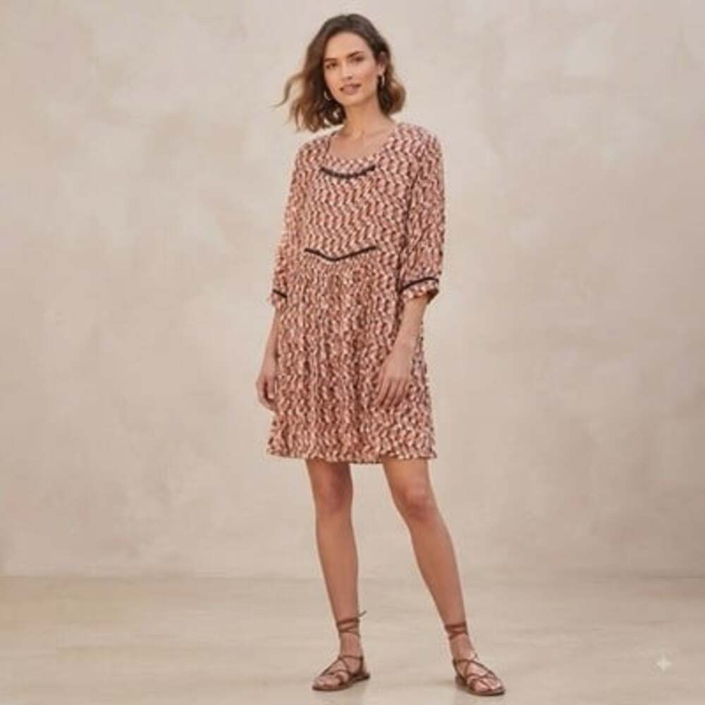 Masai Copenhagen Sz M Geometric Brown Long Sleeve Plate Weight Swing Dress ￼